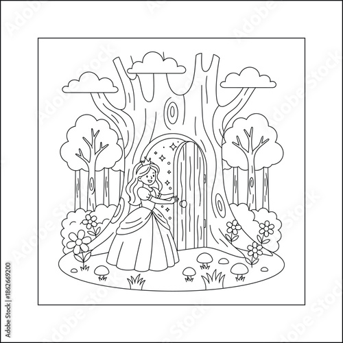 Princess line art vector coloring page for kids and adults. Bold and Easy Princess Coloring Page - Cozy Moment Fairytale Vector

