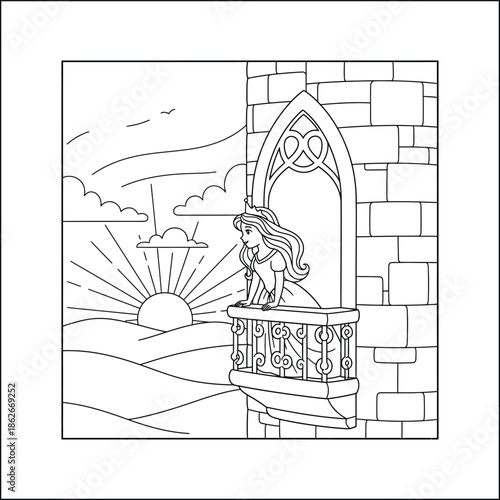 Princess line art vector coloring page for kids and adults. Bold and Easy Princess Coloring Page - Cozy Moment Fairytale Vector

