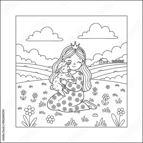 Princess line art vector coloring page for kids and adults. Bold and Easy Princess Coloring Page - Cozy Moment Fairytale Vector

