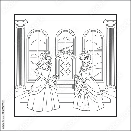 Princess line art vector coloring page for kids and adults. Bold and Easy Princess Coloring Page - Cozy Moment Fairytale Vector

