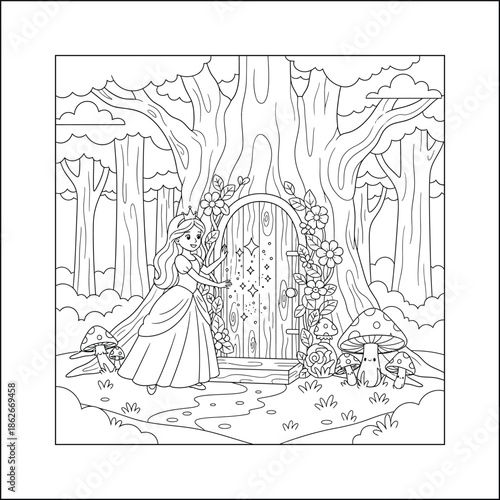 Princess line art vector coloring page for kids and adults. Bold and Easy Princess Coloring Page - Cozy Moment Fairytale Vector

