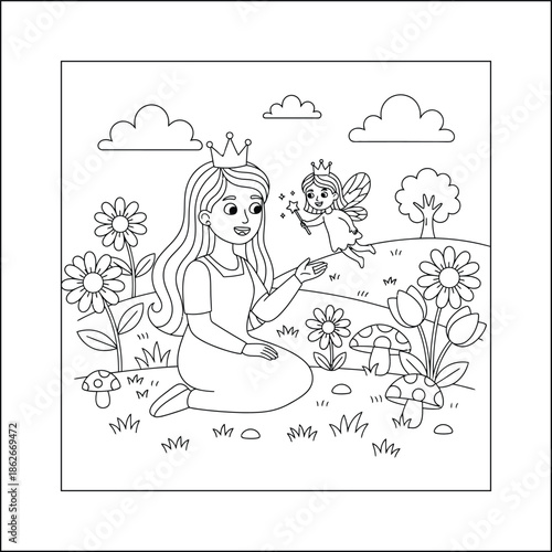 Princess line art vector coloring page for kids and adults. Bold and Easy Princess Coloring Page - Cozy Moment Fairytale Vector

