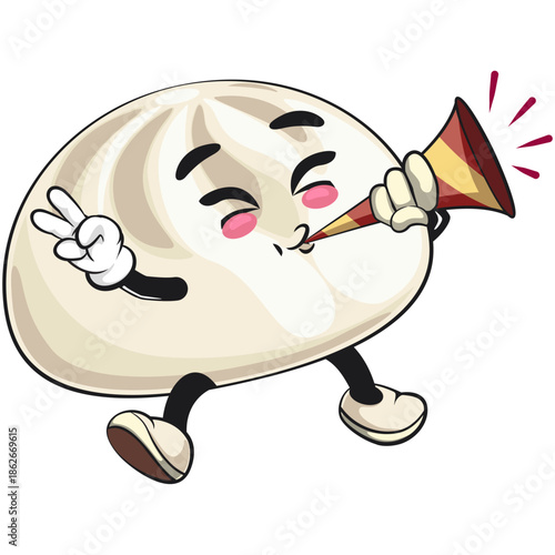 cute steamed bun bao mascot cartoon character illustration isolated blow the party horn trumpet, work of hand drawn