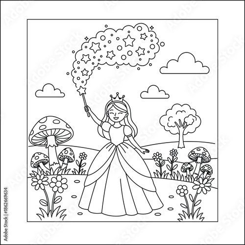 Princess line art vector coloring page for kids and adults. Bold and Easy Princess Coloring Page - Cozy Moment Fairytale Vector

