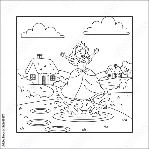 Princess line art vector coloring page for kids and adults. Bold and Easy Princess Coloring Page - Cozy Moment Fairytale Vector

