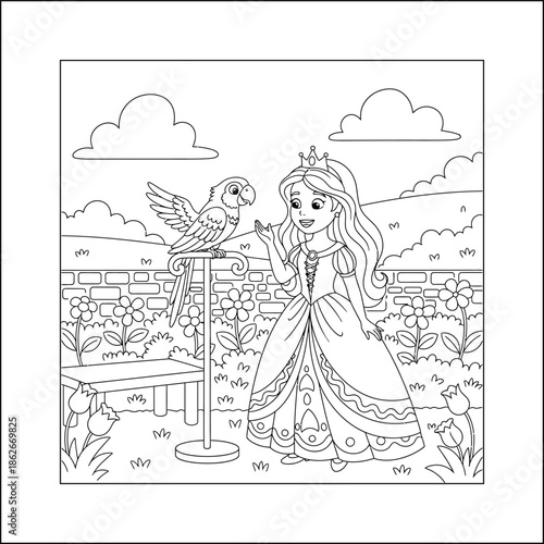 Princess line art vector coloring page for kids and adults. Bold and Easy Princess Coloring Page - Cozy Moment Fairytale Vector

