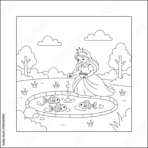 Princess line art vector coloring page for kids and adults. Bold and Easy Princess Coloring Page - Cozy Moment Fairytale Vector

