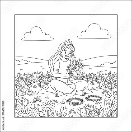 Princess line art vector coloring page for kids and adults. Bold and Easy Princess Coloring Page - Cozy Moment Fairytale Vector

