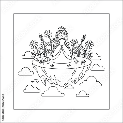 Princess line art vector coloring page for kids and adults. Bold and Easy Princess Coloring Page - Cozy Moment Fairytale Vector

