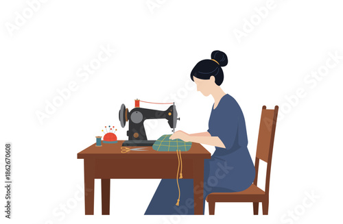 レトロなミシンで縫い物をする女性のシンプルイラスト