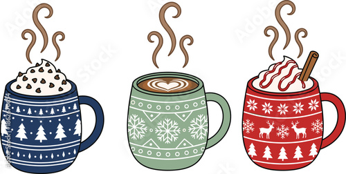Cozy winter coffee mugs illustration featuring festive holiday patterns, steaming hot chocolate, latte art, and seasonal warmth for Christmas and winter beverages