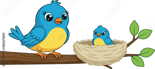 Cute Cartoon Blue Bird Mother with Baby Chick in Nest on Tree Branch, Happy Family Songbird Mascot Vector Illustration.