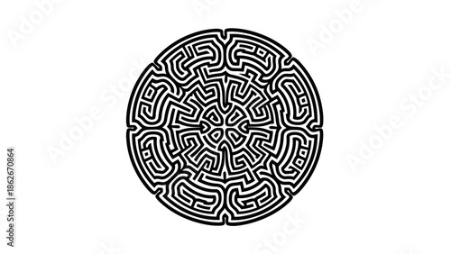 Complex circular maze design on white background