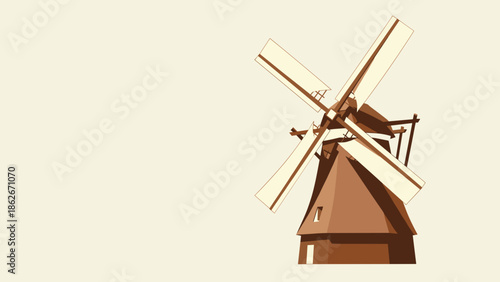 Detailed Illustration of a Traditional Wooden Windmill Structure.
