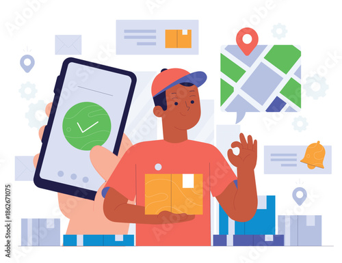 Delivery man holding a package and showing ok gesture with smartphone notification.