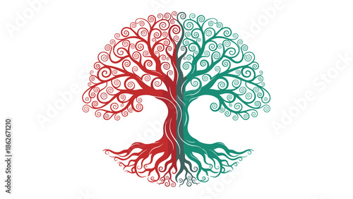 DualColored Tree of Life with Intricate Branches and Roots.