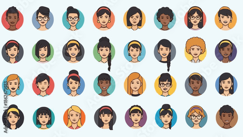 Diverse Collection of Womens Avatar Portraits in Circular Frames.