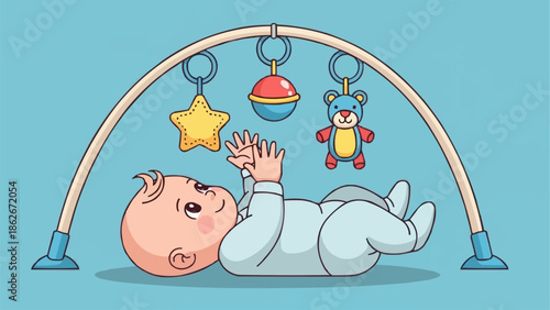 Baby playing with mobile toy, lying on back, reaching up.
