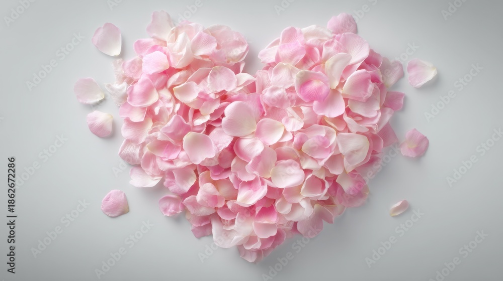 Fototapeta premium Heart Shape Made of Soft Pink Petals on a Light Grey Background Perfect for Romantic Themes and Wedding Decorations