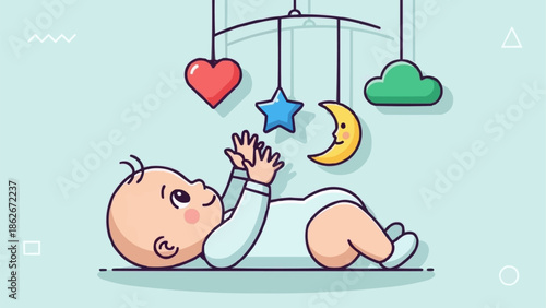 Baby Reaching for Mobile with Heart, Star, Moon, and Cloud.