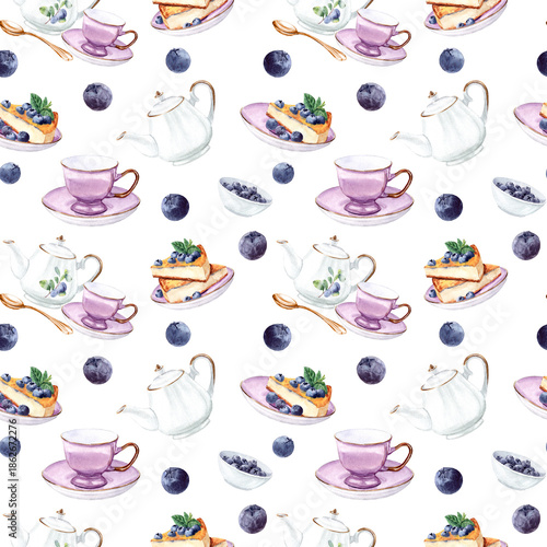 Hand drawn looped background with kitchen utensils for tea drinking and blueberry pie