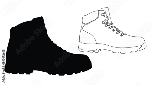 Contrasting hiking boot design outline and solid black silhouette