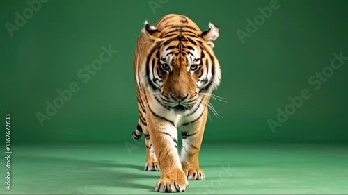 Majestic tiger walking confidently on a green studio background captured in multiple frames