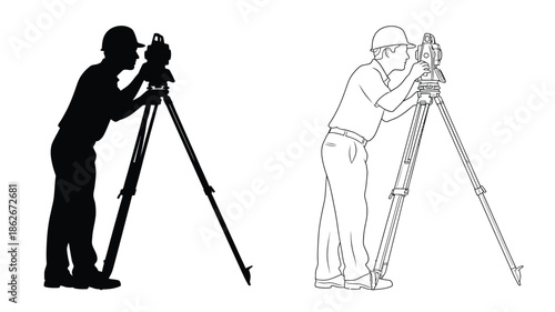 Surveyors with theodolite and tripod equipment black and white illustration silhouette