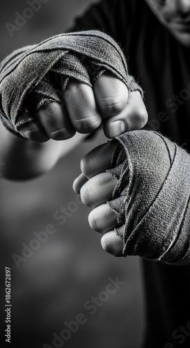 Boxer's hands wrapped in bandages preparing for a fight