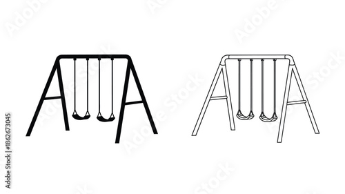 Two swing sets depicted in contrasting line art a bold silhouette