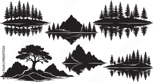Black and White Nature Landscape Silhouettes with Mountains, Pine Forests, Trees and Lake Reflections Vector