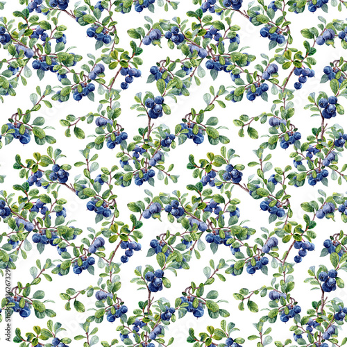 Hand painted Jointless tiles wirth blueberries Lawn. Looped background for textile