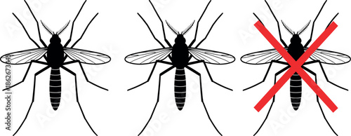 Black Mosquito Insect Silhouette Trio with Red Cross Out Warning Sign, Pest Control and Malaria Prevention Vector Illustration.