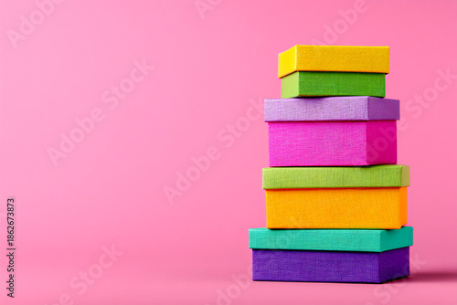 Colorful parcels stacked against a bright pink background for branding display Generative AI