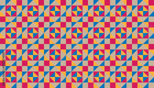 A vibrant and playful seamless geometric vector pattern consisting of nested squares and rectangles. The design features a high-contrast color palette of fuchsia pink, bright blue, and crisp white