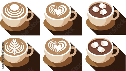 Top view illustration of latte art coffee cups and hot chocolate with marshmallows, modern flat design cafe beverages set on dark background