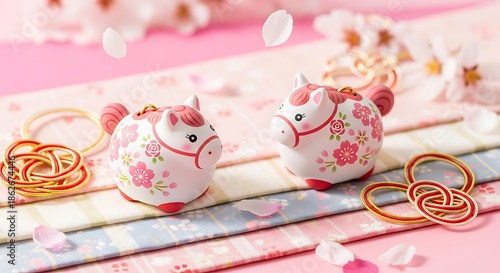 A charming kawaii Japanese scene featuring two small ceramic zodiac horse figurines with rounded shapes and adorable expressions, decorated with pink floral motifs and soft red accents.