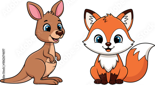 Cute Cartoon Baby Kangaroo and Red Fox Character Duo, Happy Wildlife Animal Mascot Vector Illustration Set Isolated.