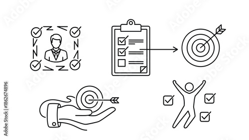 Set of business line icons representing goal achievement, including a checklist, target, and successful person illustration.