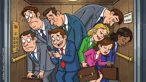 Cartoon depiction of a crowded elevator with stressed office workers.
