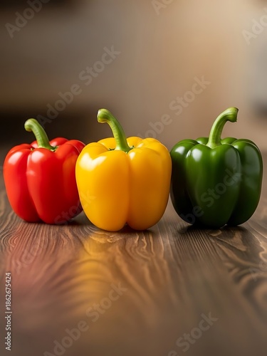 Vibrant trio of bell peppers on wooden surface, highlighting freshness