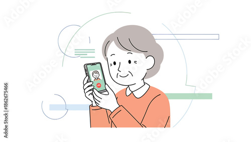 Elderly woman holding a smartphone, engaging in a video call with a loved one