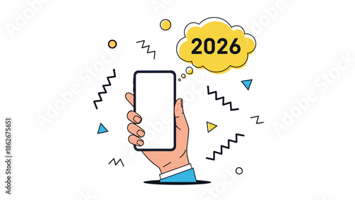 Hand holding a smartphone with a blank screen mockup, with a thought bubble showing the year 2026 for future tech ideas.