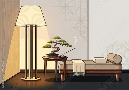 Zen interior scene featuring bonsai tree, incense and minimalist couch