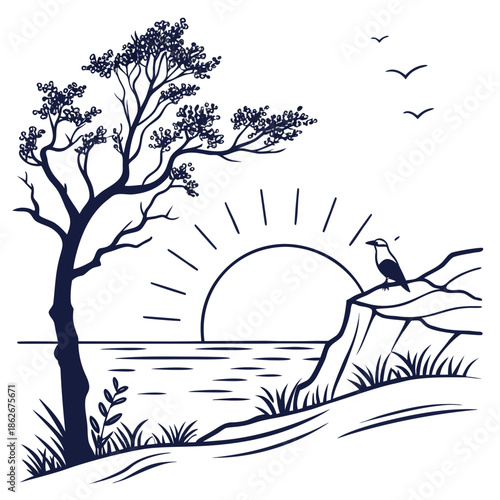 Minimal Sun and Horizon Line Art Illustration