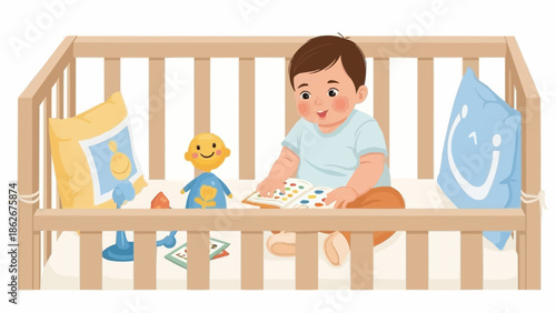 Baby boy engrossed in book inside a wooden crib.