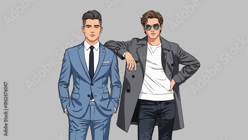 Two Stylish Men Posing in Formal and Casual Attire.