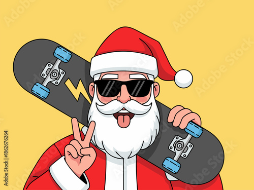 Cool Santa Claus vector illustration wearing sunglasses and holding a skateboard, doing peace sign