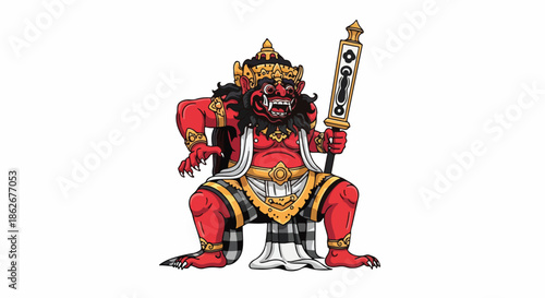 A red and gold Hindu deity statue with a fierce expression holding a staff against a plain white background.