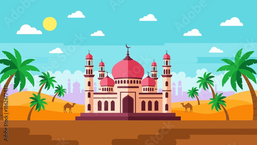 Desert mosque with palm trees and camels under a sunny sky.